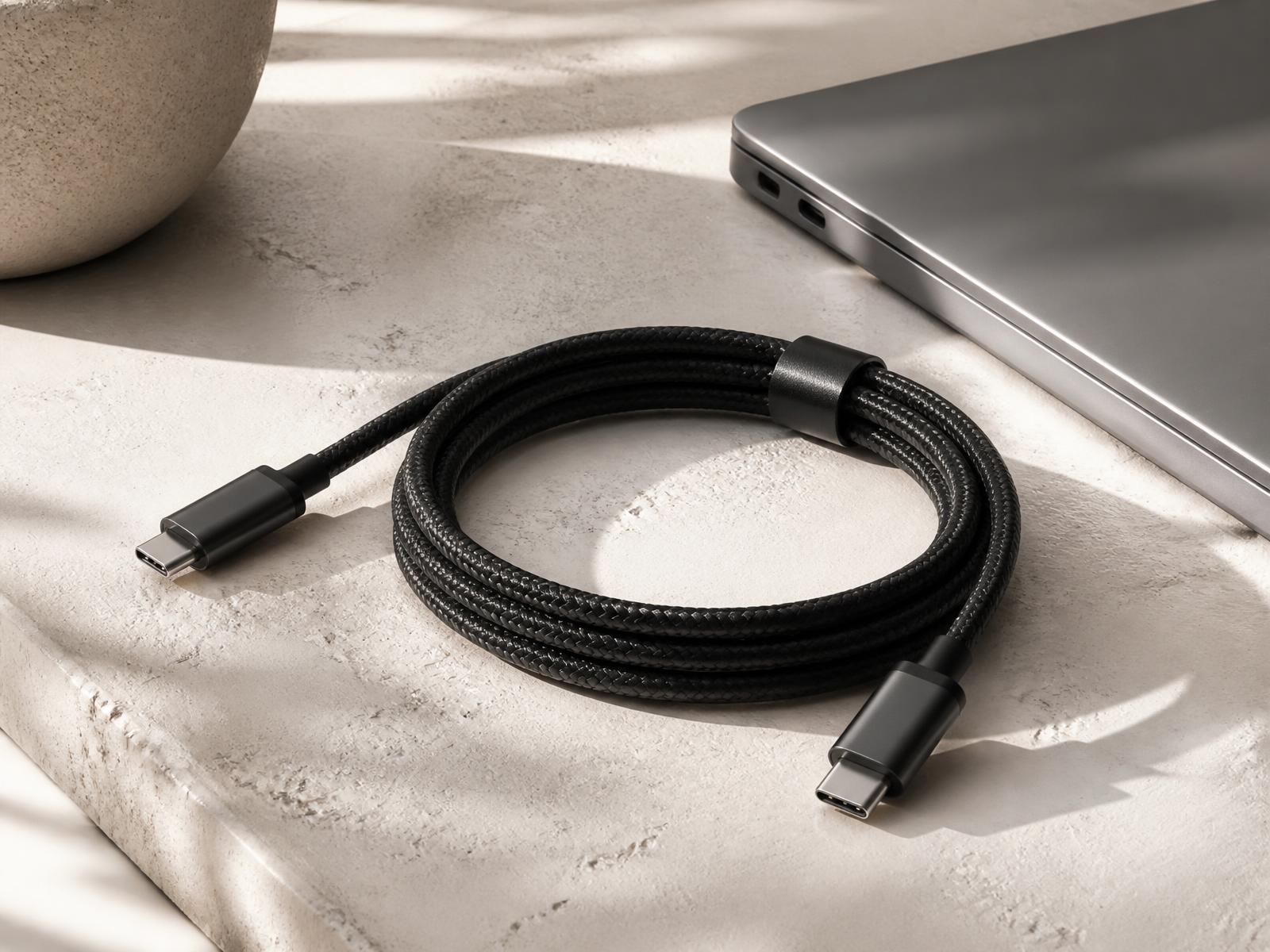Braided Pi-Cables lead with machined connectors coiled on a sunlit plaster desk