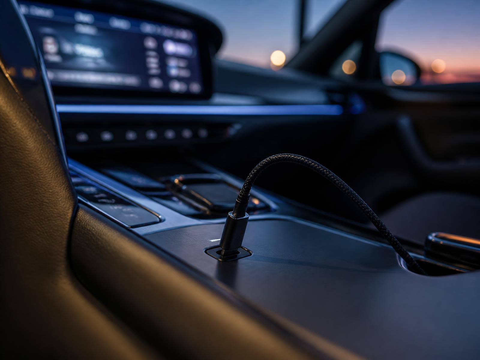 Braided cable plugged into a car console USB-C port at dusk