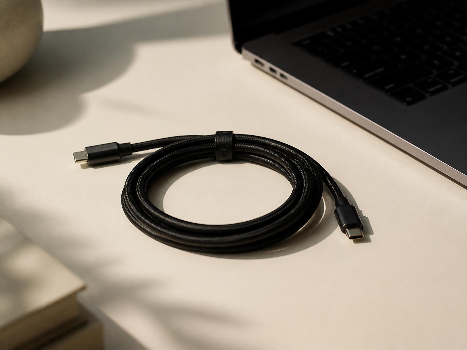 Braided Pi-Cables USB-C cable coiled on a desk beside a laptop
